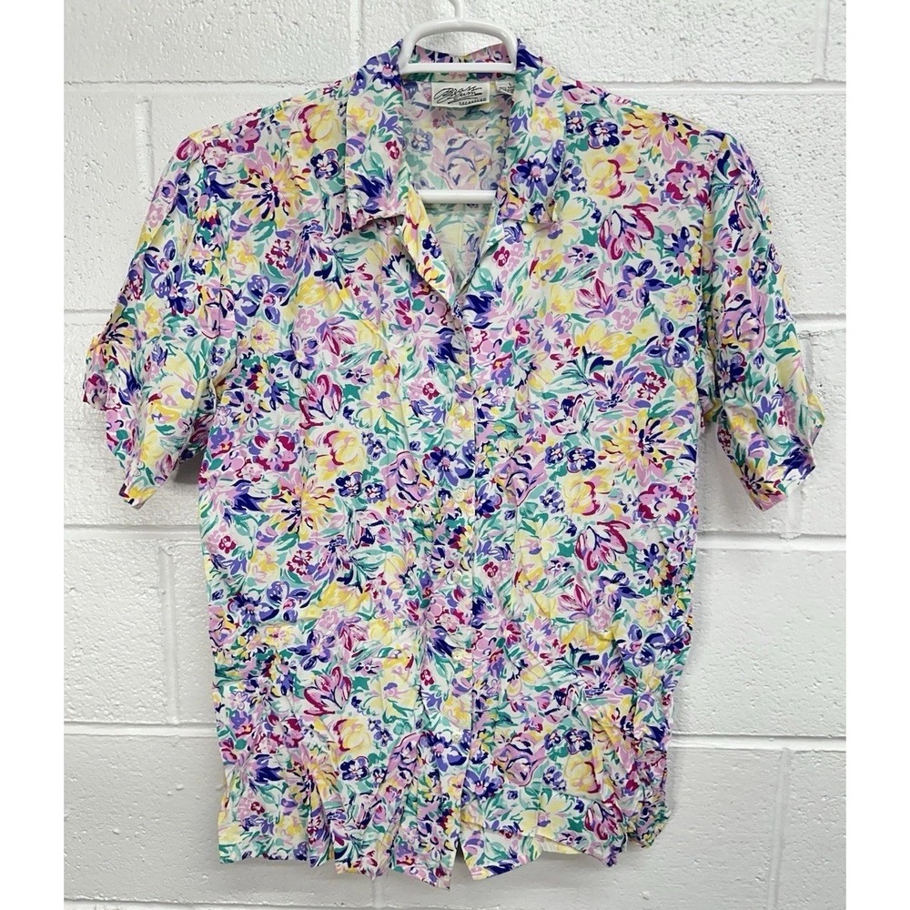 VTG 90's Nordstrom BRASS PLUM Bright Floral Button Up Blouse Women's Large Rayon